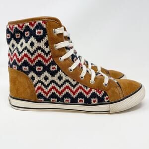 Tory Burch Noah Fair Isle Knit High Top Sneakers Brown Suede Overlay Men 10 W 13